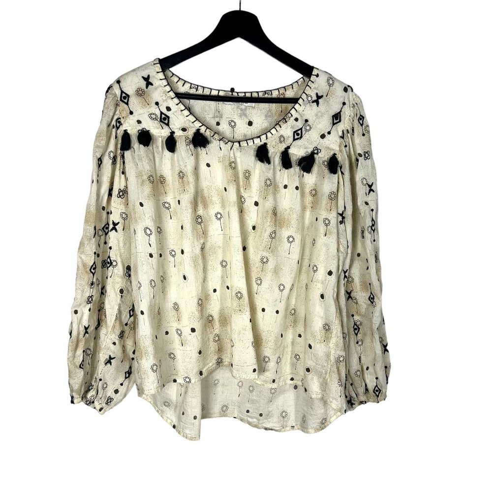 Rachel Zoe Cream Tassel Boho Embroidered Long Sleeve Top Medium